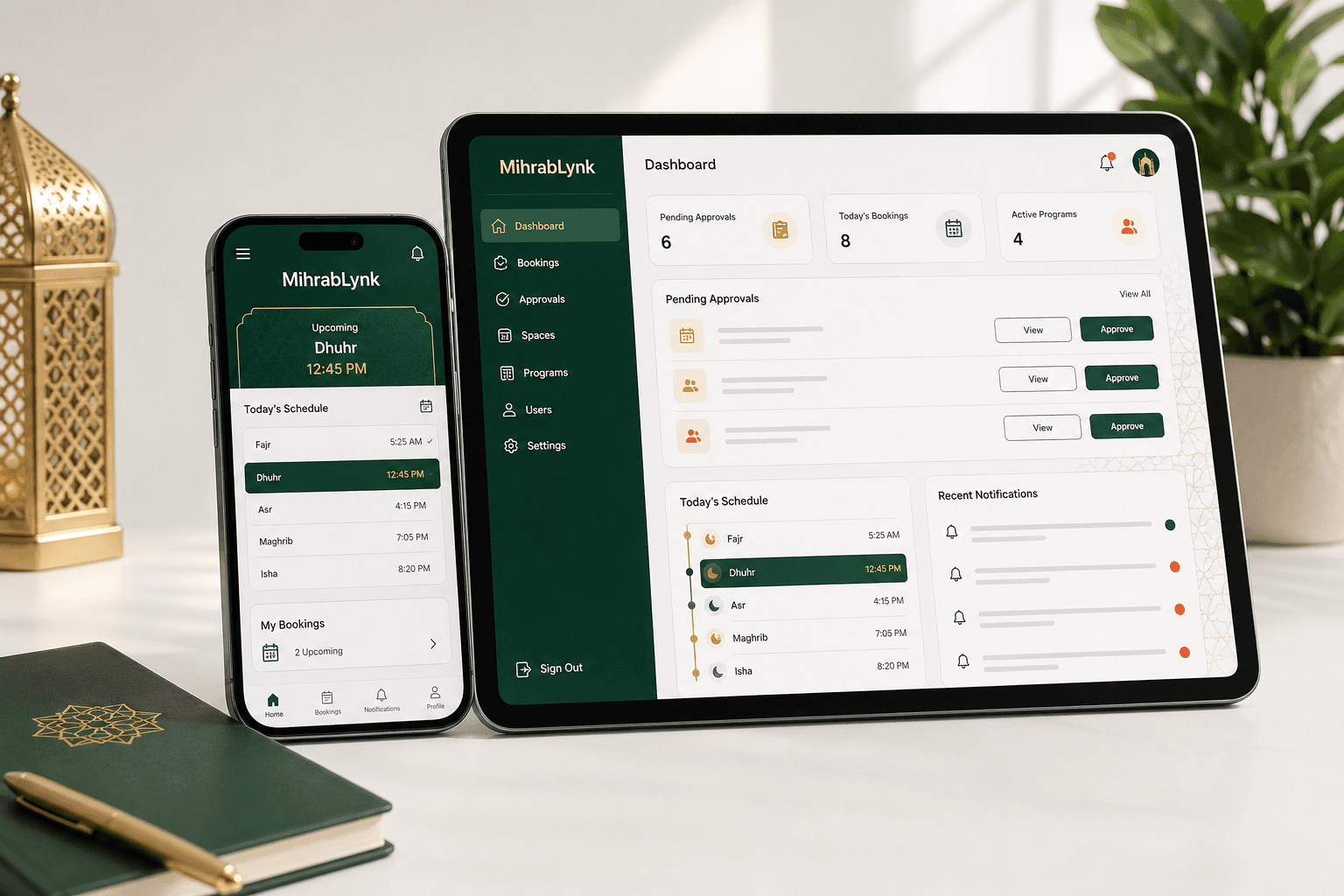 Mihrablynk product interface shown on mobile and tablet devices